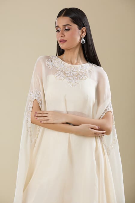 Buy_Samyukta Singhania_White Chinon, Tissue Cut Work, Sequins Kaftan Set With Flared Pant And Bustier _Online_at_Aza_Fashions