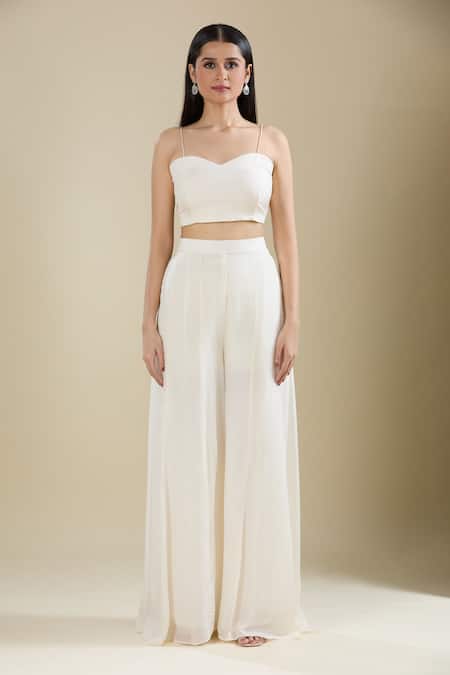 Shop_Samyukta Singhania_White Chinon, Tissue Cut Work, Sequins Kaftan Set With Flared Pant And Bustier _Online_at_Aza_Fashions