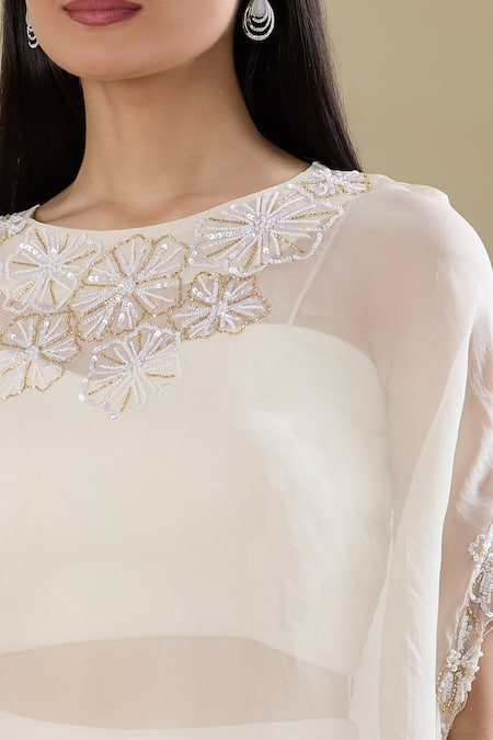 Samyukta Singhania_White Chinon, Tissue Cut Work, Sequins Kaftan Set With Flared Pant And Bustier _at_Aza_Fashions