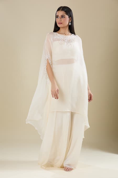 Samyukta Singhania White Kaftan Set with Flared Pant & Bustier 