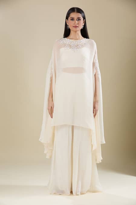 Shop_Samyukta Singhania_White Chinon, Tissue Cut Work, Sequins Kaftan Set With Flared Pant And Bustier 