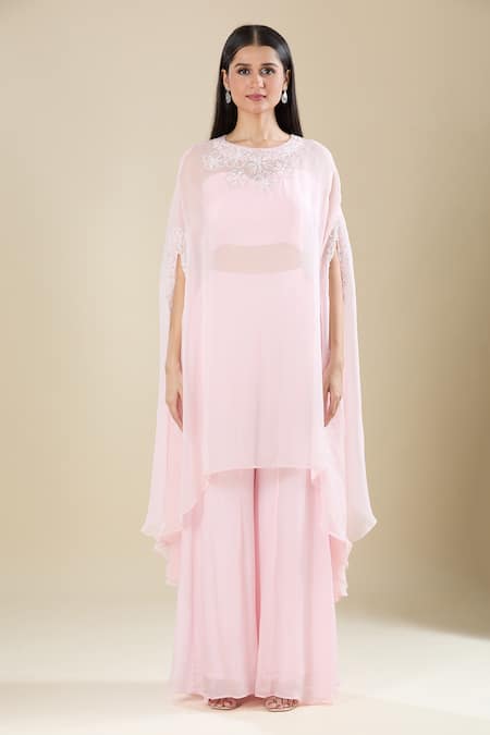 Shop Samyukta Singhania Pink Chinon, Tissue Embroidery, Sequins Round Neck, Cut Dana Kaftan Set Online at Aza Fashions Shop_Samyukta Singhania_Pink Chinon, Tissue Embroidery, Sequins Round Neck, Cut Dana Kaftan Set _Online_at_Aza_Fashions