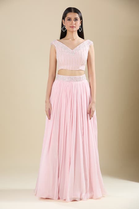 Buy Samyukta Singhania Pink Chinon Embroidery, Sequins V-neck Light Lehenga Set Online at Aza Fashions Buy_Samyukta Singhania_Pink Chinon Embroidery, Sequins V-neck Light Lehenga Set _Online_at_Aza_Fashions