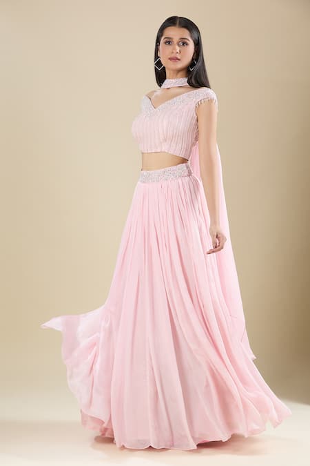 Shop Samyukta Singhania Pink Chinon Embroidery, Sequins V-neck Light Lehenga Set Online at Aza Fashions Shop_Samyukta Singhania_Pink Chinon Embroidery, Sequins V-neck Light Lehenga Set _Online_at_Aza_Fashions