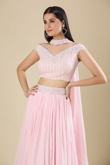 Buy Samyukta Singhania Pink Chinon Embroidery, Sequins V-neck Light Lehenga Set Buy_Samyukta Singhania_Pink Chinon Embroidery, Sequins V-neck Light Lehenga Set