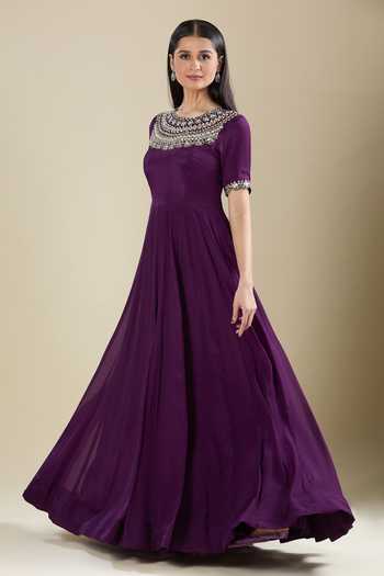 Buy_Samyukta Singhania_Purple Chinon Zari Round Neck Anarkali With Mirror Work _Online_at_Aza_Fashions
