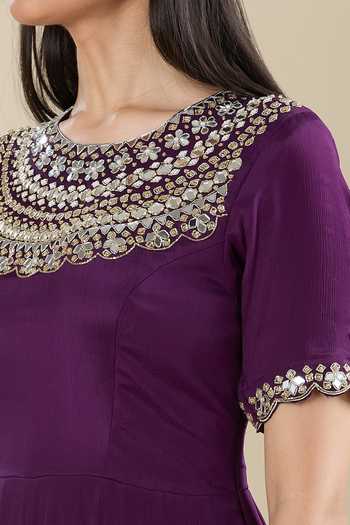 Shop_Samyukta Singhania_Purple Chinon Zari Round Neck Anarkali With Mirror Work _Online_at_Aza_Fashions
