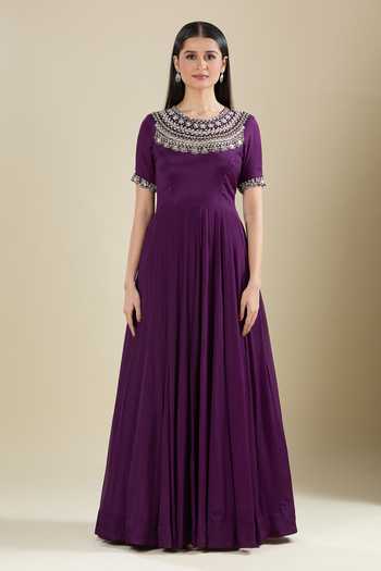 Samyukta Singhania_Purple Chinon Zari Round Neck Anarkali With Mirror Work _at_Aza_Fashions