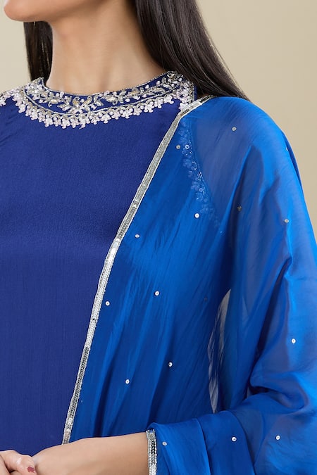 Shop Samyukta Singhania Blue Chinon Embroidery High Neck Zardozi Kurta Sharara Set Shop_Samyukta Singhania_Blue Chinon Embroidery High Neck Zardozi Kurta Sharara Set