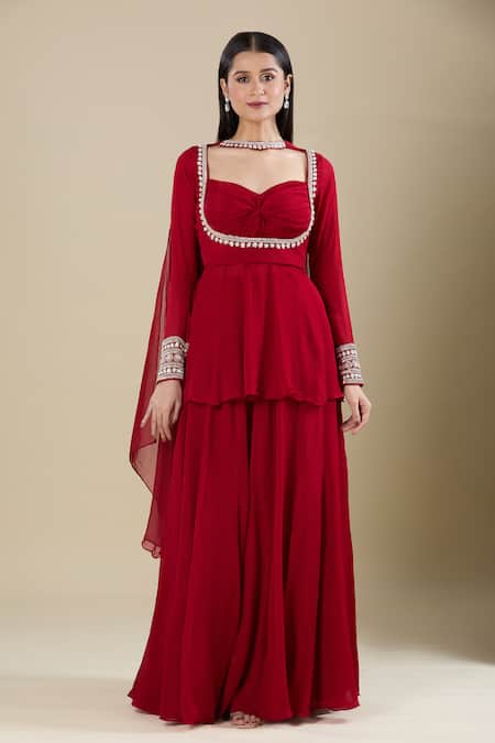 Shop_Samyukta Singhania_Red Chinon Embroidery Sweetheart Neck Moti Kurta Set _Online_at_Aza_Fashions
