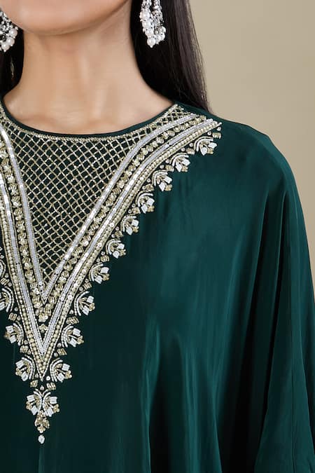 Shop_Samyukta Singhania_Green Crepe Embroidery Round Neck Heavy Cut Dana Kaftan And Flared Pant _Online_at_Aza_Fashions