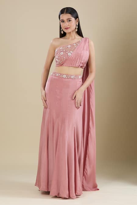 Shop_Samyukta Singhania_Rose Gold Crepe Embroidery, Sequins One Shoulder Sequence Lehenga Set _Online_at_Aza_Fashions