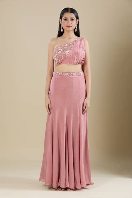 Samyukta Singhania_Rose Gold Crepe Embroidery, Sequins One Shoulder Sequence Lehenga Set _at_Aza_Fashions