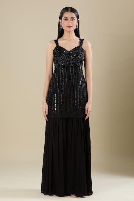 Buy Samyukta Singhania Black Chinon Sequins Sweetheart Neck Heavy Embroidered Kurta Sharara Set Online at Aza Fashions Buy_Samyukta Singhania_Black Chinon Sequins Sweetheart Neck Heavy Embroidered Kurta Sharara Set _Online_at_Aza_Fashions