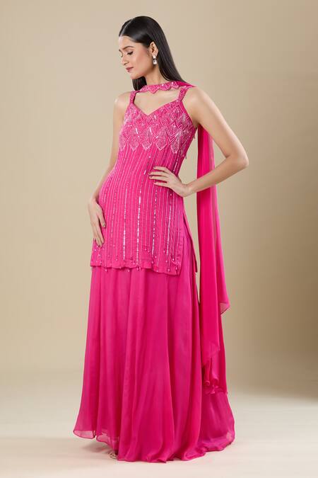 Samyukta Singhania Pink Chinon Sequins, Cut Work Sweetheart Neck Heavy Embroidered Hot Kurta Set Online at Aza Fashions Samyukta Singhania_Pink Chinon Sequins, Cut Work Sweetheart Neck Heavy Embroidered Hot Kurta Set _Online_at_Aza_Fashions