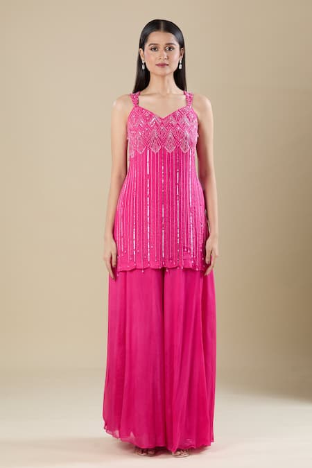 Buy Samyukta Singhania Pink Chinon Sequins, Cut Work Sweetheart Neck Heavy Embroidered Hot Kurta Set Online at Aza Fashions Buy_Samyukta Singhania_Pink Chinon Sequins, Cut Work Sweetheart Neck Heavy Embroidered Hot Kurta Set _Online_at_Aza_Fashions