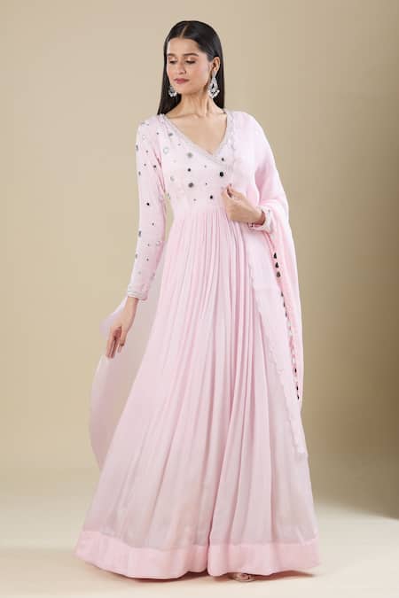 Samyukta Singhania Pink Chinon Mirrors V-neck Work Anarkali Set