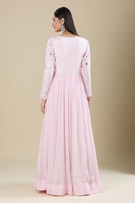 Shop_Samyukta Singhania_Pink Chinon Mirrors V-neck Work Anarkali Set _at_Aza_Fashions