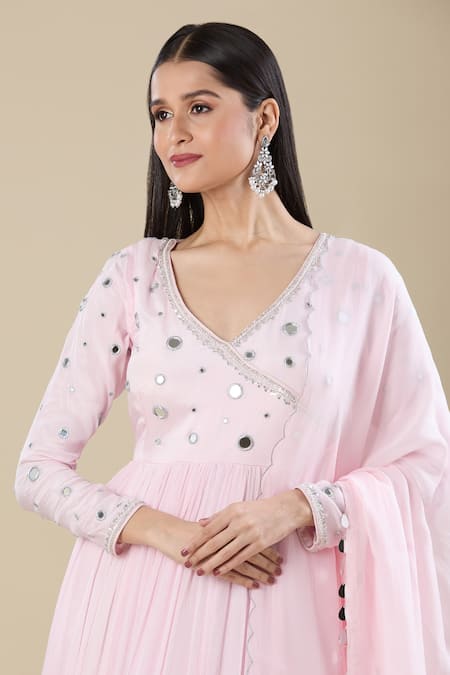 Samyukta Singhania_Pink Chinon Mirrors V-neck Work Anarkali Set _Online_at_Aza_Fashions