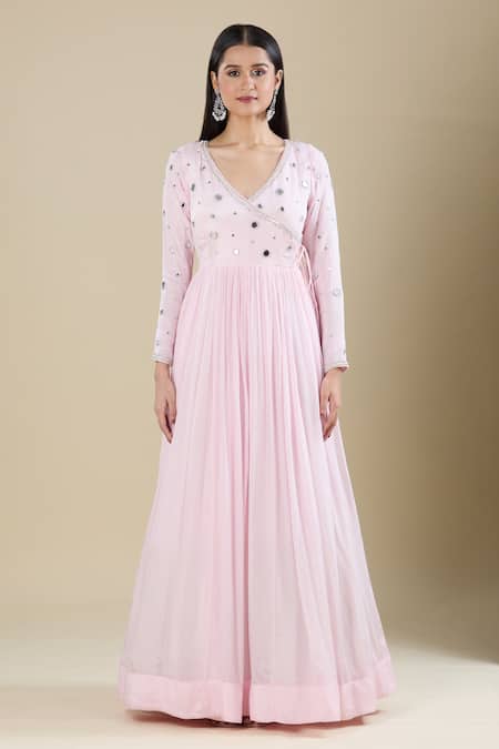 Shop_Samyukta Singhania_Pink Chinon Mirrors V-neck Work Anarkali Set _Online_at_Aza_Fashions