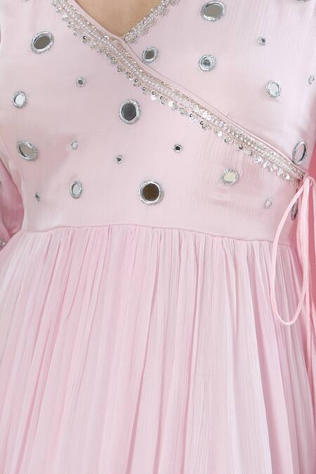 Samyukta Singhania_Pink Chinon Mirrors V-neck Work Anarkali Set _at_Aza_Fashions