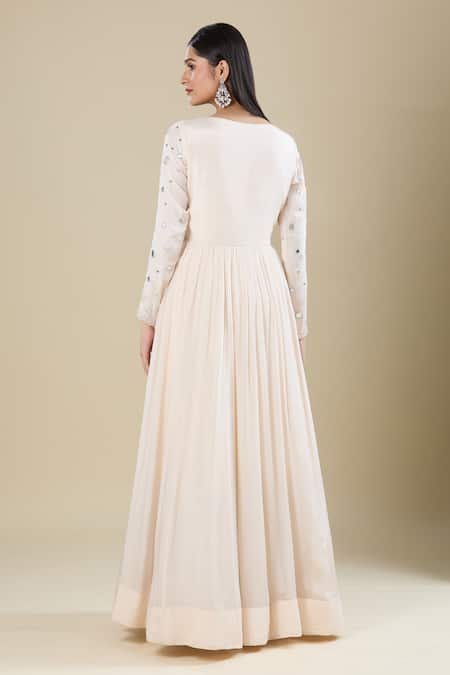 Shop Samyukta Singhania Cream Chinon Mirrors V-neck Work Anarkali Set With Dupatta at Aza Fashions Shop_Samyukta Singhania_Cream Chinon Mirrors V-neck Work Anarkali Set With Dupatta _at_Aza_Fashions