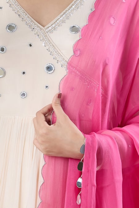 Buy Samyukta Singhania Cream Chinon Mirrors V-neck Work Anarkali Set With Dupatta Online at Aza Fashions Buy_Samyukta Singhania_Cream Chinon Mirrors V-neck Work Anarkali Set With Dupatta _Online_at_Aza_Fashions