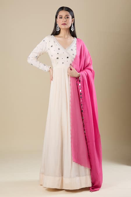 Shop Samyukta Singhania Cream Chinon Mirrors V-neck Work Anarkali Set With Dupatta Online at Aza Fashions Shop_Samyukta Singhania_Cream Chinon Mirrors V-neck Work Anarkali Set With Dupatta _Online_at_Aza_Fashions