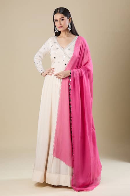 Samyukta Singhania Cream Chinon Mirrors V-neck Work Anarkali Set With Dupatta