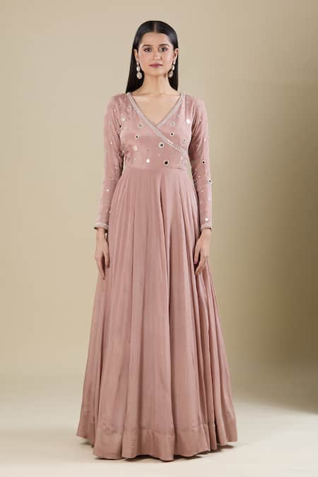 Samyukta Singhania Brown Chinon Mirrors V-neck Work Anarkali Set Online at Aza Fashions Samyukta Singhania_Brown Chinon Mirrors V-neck Work Anarkali Set _Online_at_Aza_Fashions