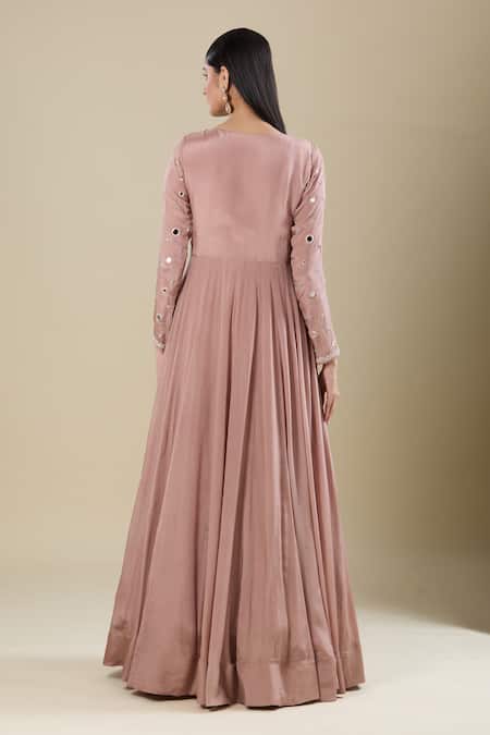 Shop Samyukta Singhania Brown Chinon Mirrors V-neck Work Anarkali Set at Aza Fashions Shop_Samyukta Singhania_Brown Chinon Mirrors V-neck Work Anarkali Set _at_Aza_Fashions