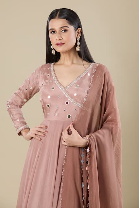 Samyukta Singhania Brown Chinon Mirrors V-neck Work Anarkali Set at Aza Fashions Samyukta Singhania_Brown Chinon Mirrors V-neck Work Anarkali Set _at_Aza_Fashions