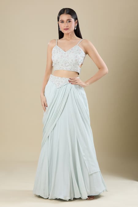 Samyukta Singhania_Blue Chinon Embroidery, Zari V-neck Powder Cut Dana Zardozi Lehenga Set _Online_at_Aza_Fashions