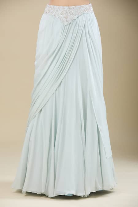 Shop_Samyukta Singhania_Blue Chinon Embroidery, Zari V-neck Powder Cut Dana Zardozi Lehenga Set _Online_at_Aza_Fashions