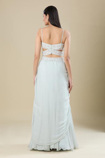 Shop_Samyukta Singhania_Blue Chinon Embroidery, Zari V-neck Powder Cut Dana Zardozi Lehenga Set _at_Aza_Fashions