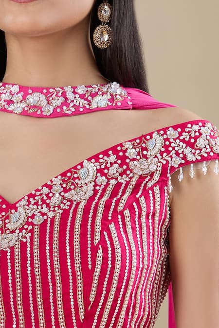Samyukta Singhania Pink Chinon Embroidery Off-shoulder, V-neck Hot Lehenga Set Online at Aza Fashions Samyukta Singhania_Pink Chinon Embroidery Off-shoulder, V-neck Hot Lehenga Set _Online_at_Aza_Fashions
