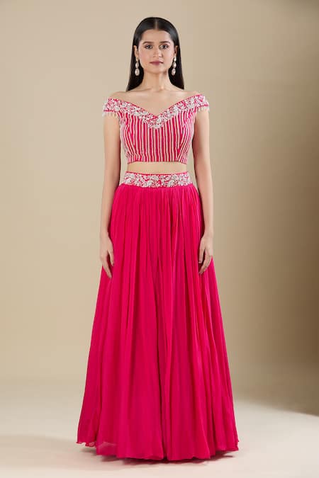 Buy Samyukta Singhania Pink Chinon Embroidery Off-shoulder, V-neck Hot Lehenga Set Online at Aza Fashions Buy_Samyukta Singhania_Pink Chinon Embroidery Off-shoulder, V-neck Hot Lehenga Set _Online_at_Aza_Fashions
