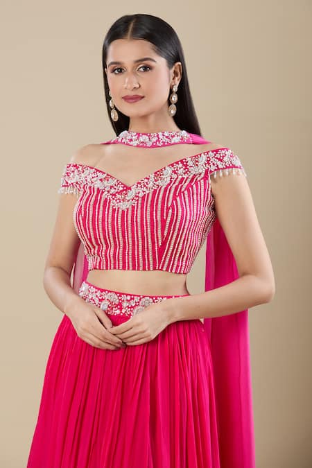 Samyukta Singhania Pink Chinon Embroidery Off-shoulder, V-neck Hot Lehenga Set at Aza Fashions Samyukta Singhania_Pink Chinon Embroidery Off-shoulder, V-neck Hot Lehenga Set _at_Aza_Fashions