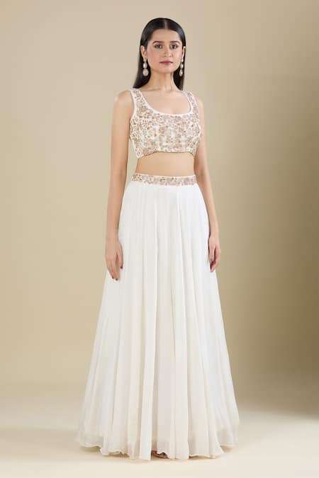 Samyukta Singhania White Chinon Sequins, Embroidery Round Neck, Open Antique Sequence Lehenga Set Online at Aza Fashions Samyukta Singhania_White Chinon Sequins, Embroidery Round Neck, Open Antique Sequence Lehenga Set _Online_at_Aza_Fashions