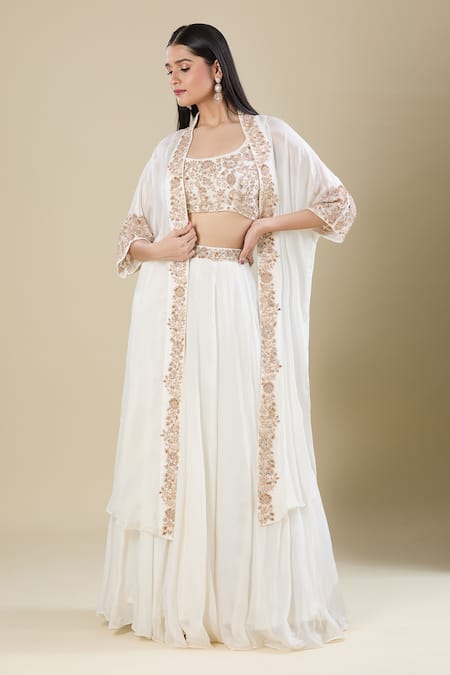 Samyukta Singhania White Chinon Sequins, Embroidery Round Neck, Open Antique Sequence Lehenga Set 