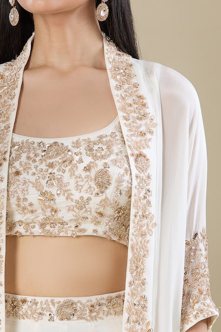 Buy Samyukta Singhania White Chinon Sequins, Embroidery Round Neck, Open Antique Sequence Lehenga Set Buy_Samyukta Singhania_White Chinon Sequins, Embroidery Round Neck, Open Antique Sequence Lehenga Set