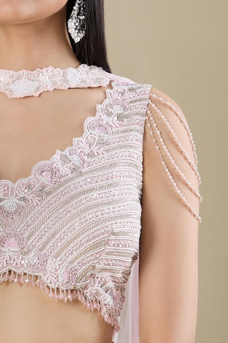 Samyukta Singhania_Lilac Crepe Embroidery, Tassels, Cut Work V-neck Heavy Dana Lehenga Set _Online_at_Aza_Fashions