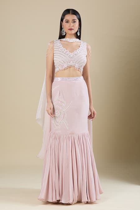 Buy_Samyukta Singhania_Lilac Crepe Embroidery, Tassels, Cut Work V-neck Heavy Dana Lehenga Set _Online_at_Aza_Fashions