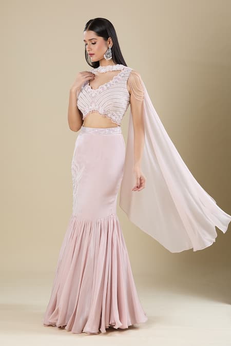 Shop_Samyukta Singhania_Lilac Crepe Embroidery, Tassels, Cut Work V-neck Heavy Dana Lehenga Set _Online_at_Aza_Fashions