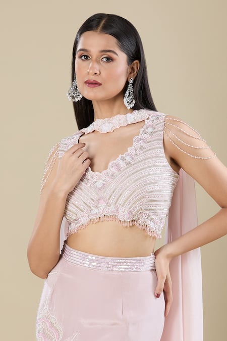 Samyukta Singhania_Lilac Crepe Embroidery, Tassels, Cut Work V-neck Heavy Dana Lehenga Set _at_Aza_Fashions