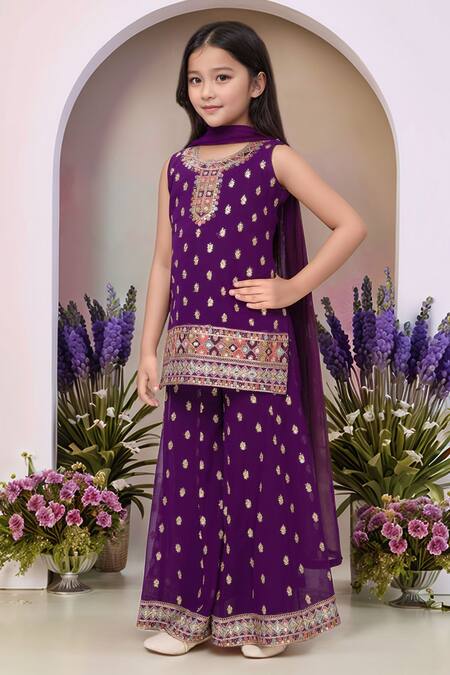 Shop Petite Pomme Purple Georgette Sequins, Embroidery Kurta Set Online at Aza Fashions Shop_Petite Pomme_Purple Georgette Sequins, Embroidery Kurta Set_Online_at_Aza_Fashions
