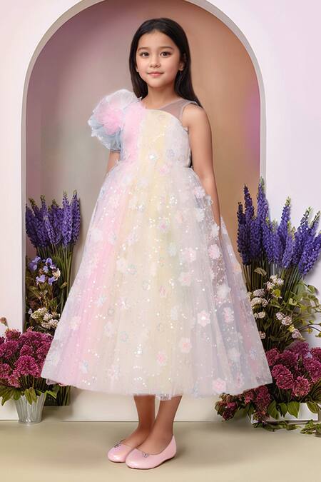 Buy_Petite Pomme_Multi Color Net Sequins Multicolor Flower Broach Gown_Online_at_Aza_Fashions