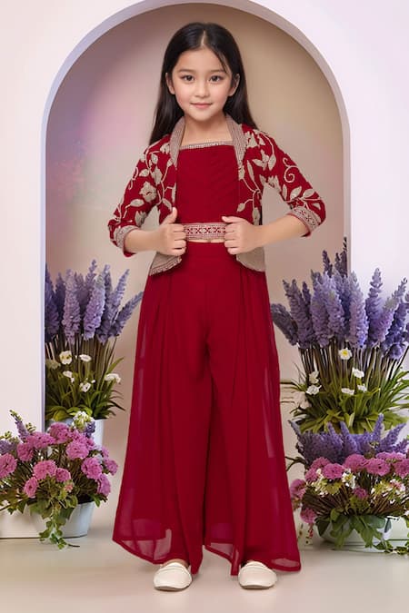 Petite Pomme Rose Gold Georgette Embroidery Rani Pink Jacket Palazzo Set