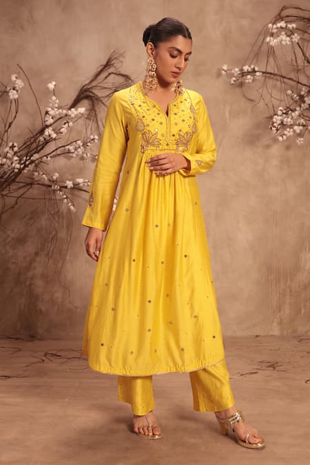Label Niti Bothra_Yellow Silk Embroidery Notched Neck Yoke Kurta With Pant _at_Aza_Fashions