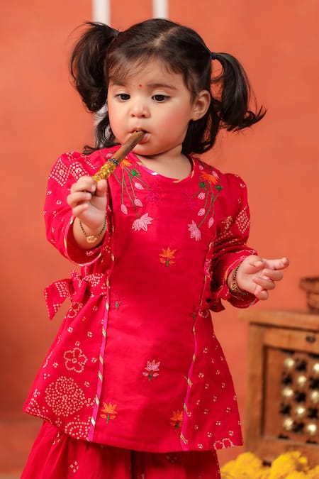 Cute Couture_Pink Cotton Embroidery Radha Rani Sharara Set _Online_at_Aza_Fashions